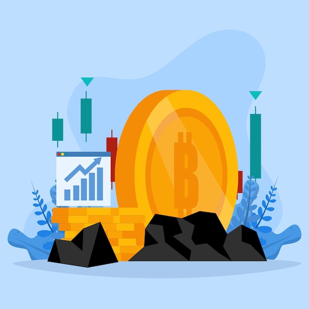 Ilustração de investimentos digitais em criptomoedas e ações